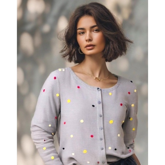 Talbots Cardigan Sweater Polka Dot Crew Cotton Long Sleeve Blue Size SMALL P* - Picture 1 of 8